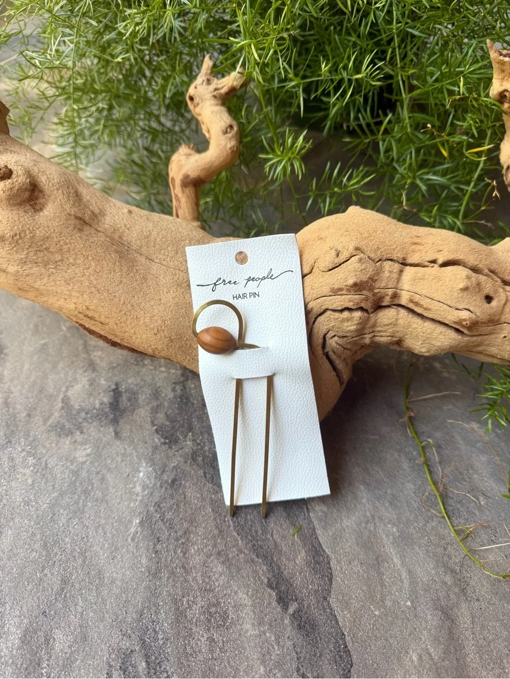 New🌟Free People-Minimal Brass U-Shaped Hair Fork with Wooden Accent - Gold
